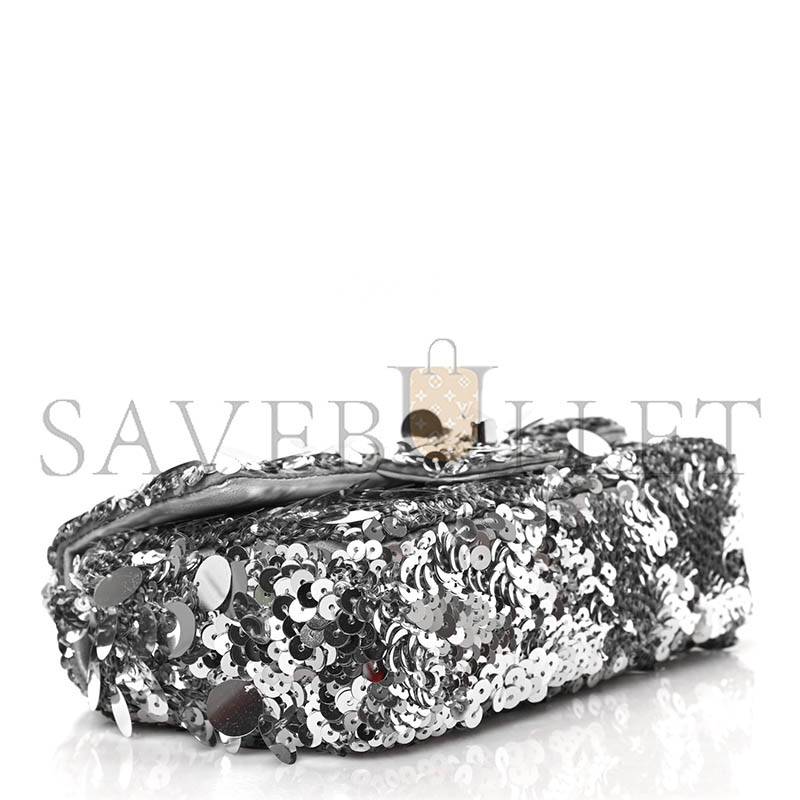 CHANEL SEQUIN MINI RECTANGULAR FLAP SILVER  (20*13*6cm) 